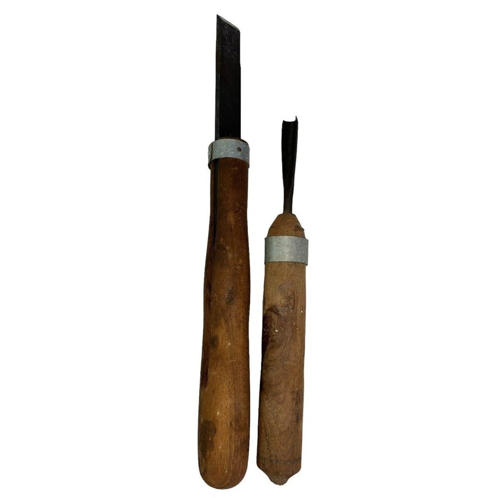 2 Antique Primitive Woodworking Wood Lathe Chisel Tools 12" & 16" User or Decor